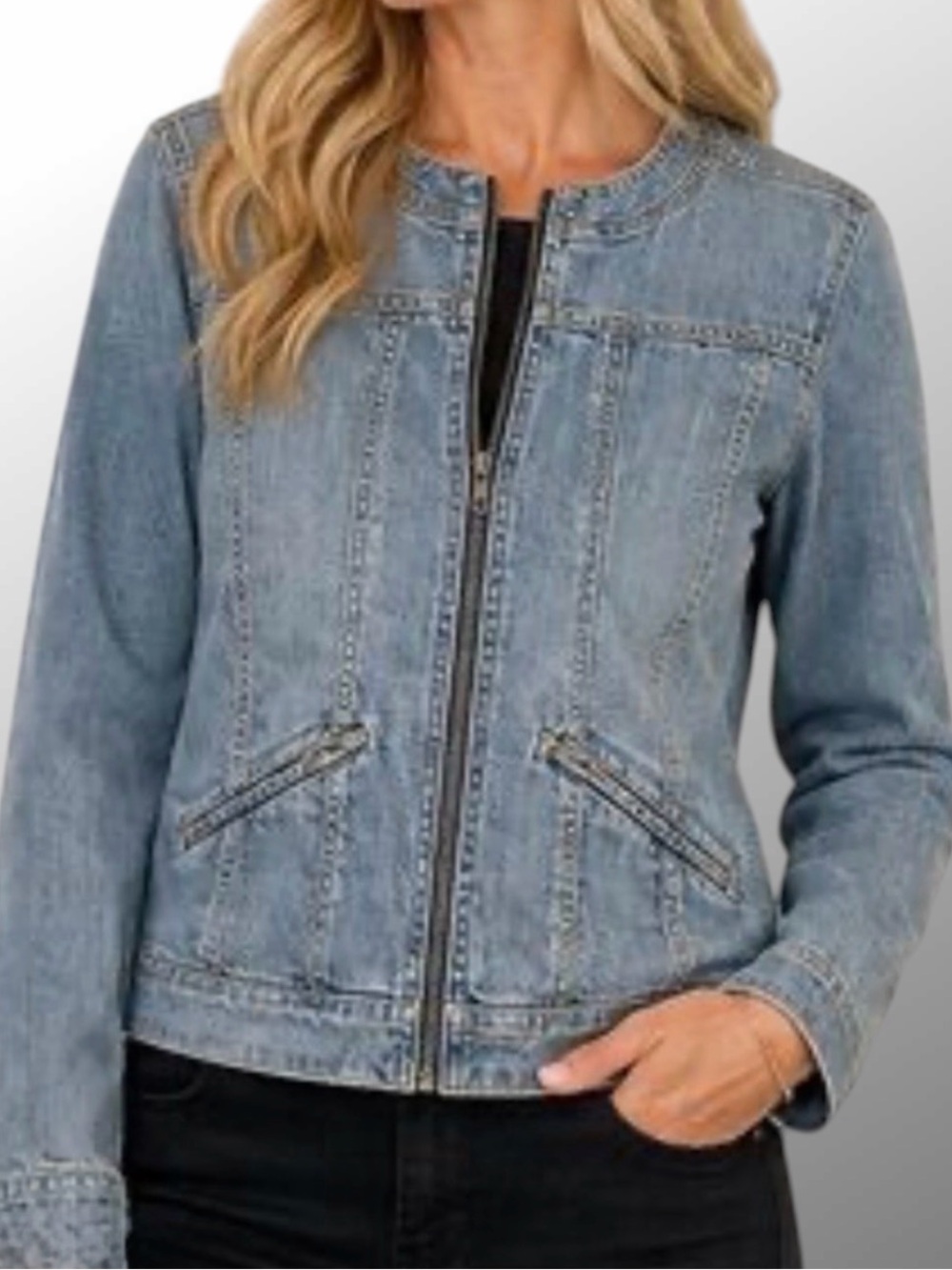 Chico's Size 2 Light Wash Denim Zip Up Jean Jacket Collarless Moto Minimalist L